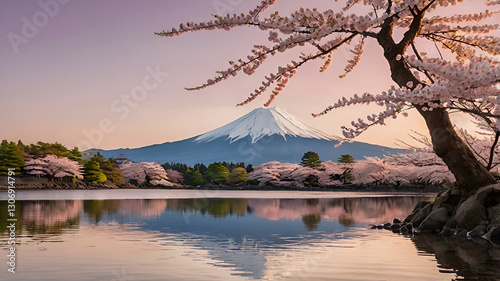 A breathtaking view of Mount Fuji with cherry blossoms in full bloom, reflected in a calm lake under a soft pink sunset sky.