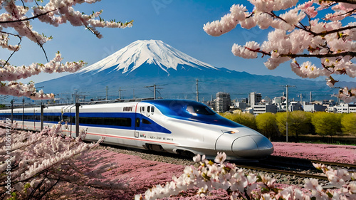 A modern bullet train (Shinkansen) speeding past a row of cherry blossom trees in full bloom, with Mount Fuji in the background.