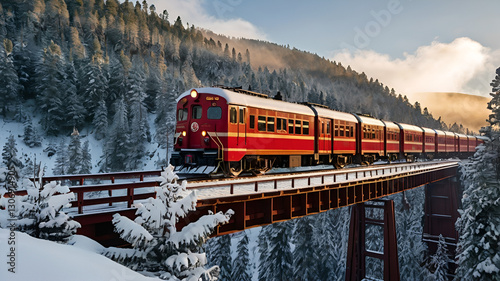 A red train crossing a snowy mountain bridge, surrounded by pine trees covered in white snow, with a misty sunrise in the background.