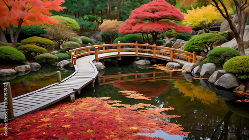 A stunning Japanese Zen garden covered in vibrant red and orange autumn leaves, with a small wooden bridge over a koi pond.