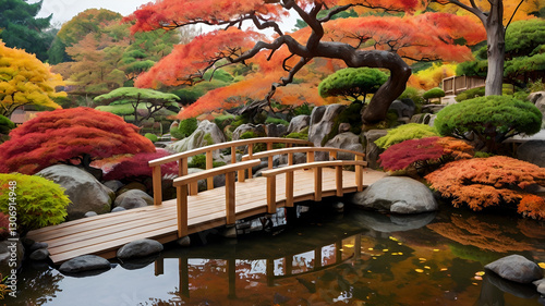 A stunning Japanese Zen garden covered in vibrant red and orange autumn leaves, with a small wooden bridge over a koi pond.