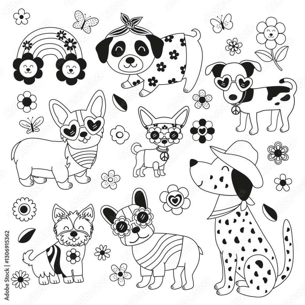 Obraz premium set of isolated outline retro hippie Dog and flowers