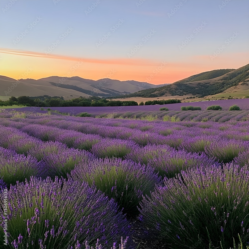 Naklejka premium a vast lavender field in full bloom at sunset, with rolling hills in the background.