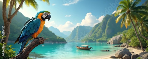 Cute macaw with blue eyes sits on branch at tropical beach. Exotic bird parrot enjoys summer vacation holiday get-away in paradise on sandy coastline at sea shore. Beautiful island landscape. photo