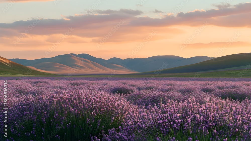 Fototapeta premium a vast lavender field in full bloom at sunset, with rolling hills in the background.