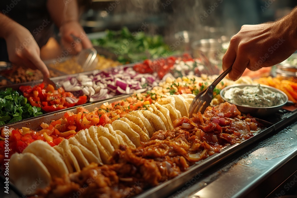 Obraz premium Chefs preparing ingredients for tacos at a buffet restaurant
