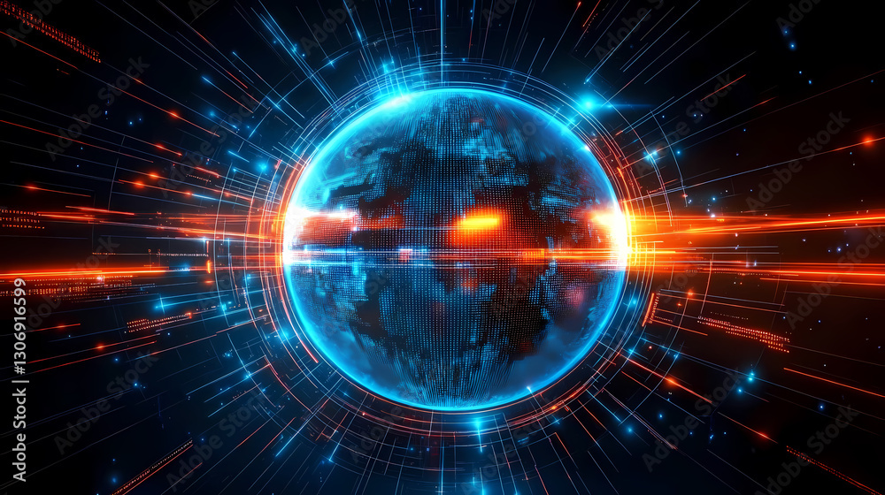 Fototapeta premium Sci-Fi Blue and Orange Sphere with Dynamic Space Lines