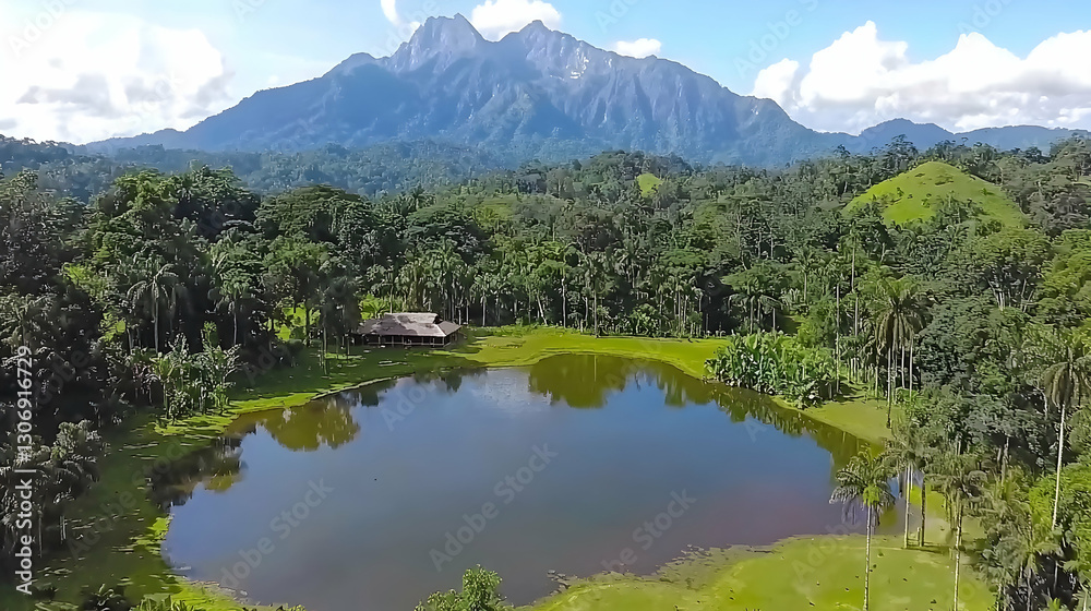 Fototapeta premium Tropical lake house aerial view, mountain backdrop, lush jungle, peaceful retreat