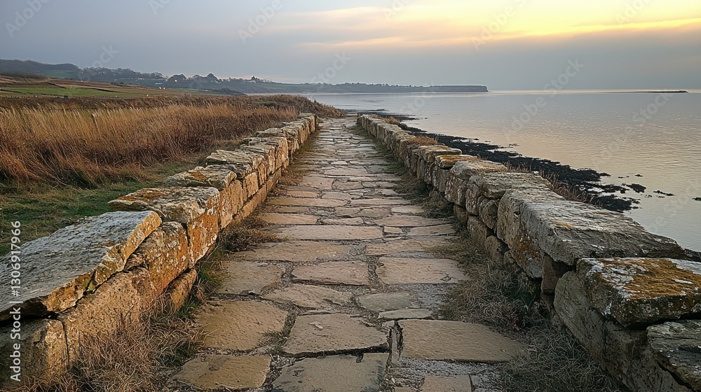 Fototapeta premium Serene Sunset Stroll along Ancient Coastal Stone Path