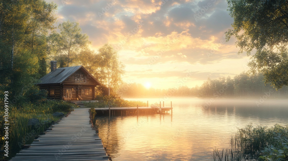 Fototapeta premium A serene lakeside scene featuring a cozy cabin at sunset, surrounded by lush greenery and a tranquil water reflection.