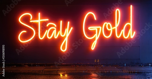 Neon sign stay gold metallic amber deep navy floating urban street casting reflections wet pavement lit rain