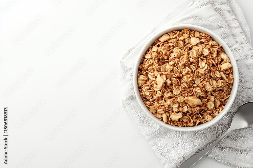 Freshly Made Granola in a Bowl on a White Background Freshly Made Granola in a Bowl on a White Background