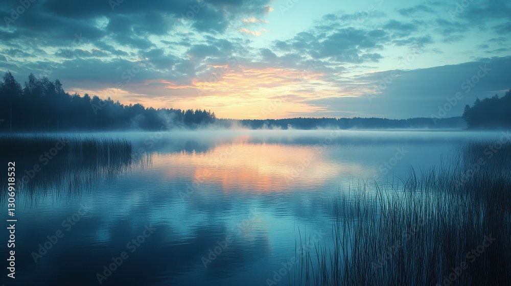 Fototapeta premium A serene lakeside scene at dawn, featuring mist over the water and a colorful sky reflecting on the calm surface.