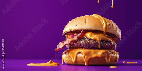 Peanut butter and jelly burger with crispy bacon and gooey peanut butter drizzle on a vibrant purple background