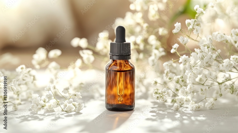 Essential Oil Dropper Bottle Surrounded by Delicate White Flowers for Wellness Essential Oil Dropper Bottle Surrounded by Delicate White Flowers for Wellness