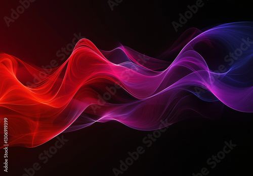 Abstract, colorful, glowing light effect on a black background with copy space. The design features red and purple colors, as well as wavy lines and a wave-like pattern