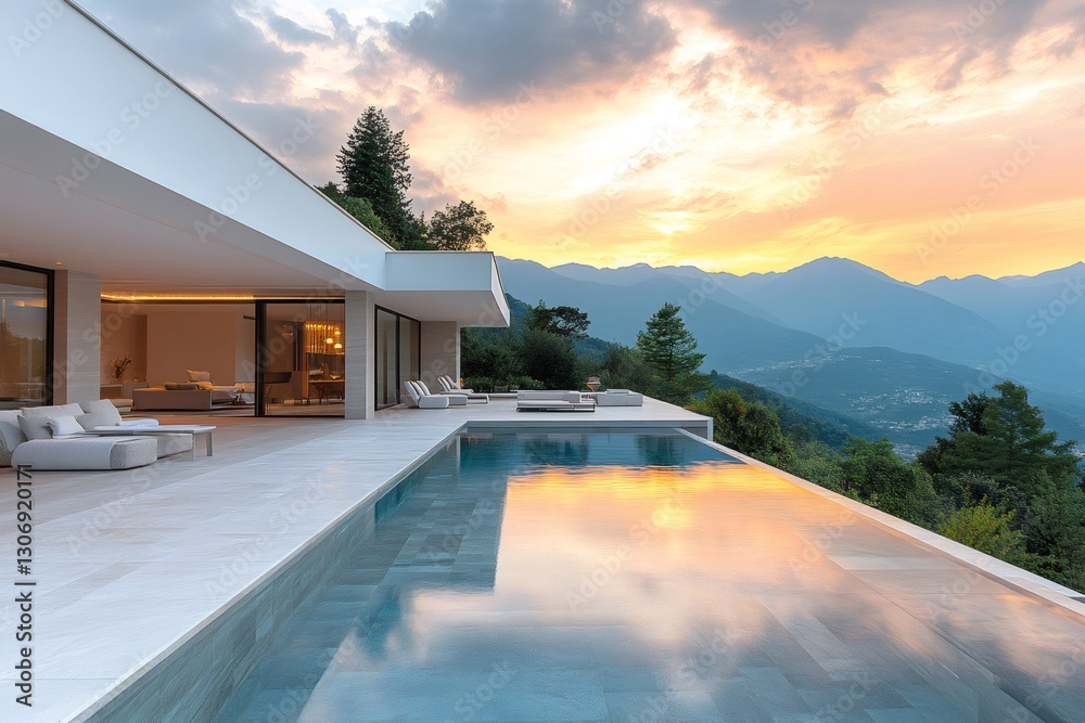 Fototapeta premium Modern infinity pool overlooking stunning mountain view at sunset
