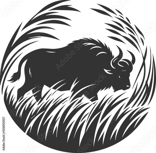 Buffalo walking through tall grass, barely visible animal vector silhouette