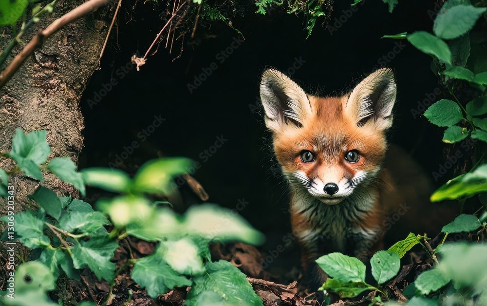 Obraz premium Baby Fox Peeking Out Of A Den Surrounded By Greenery