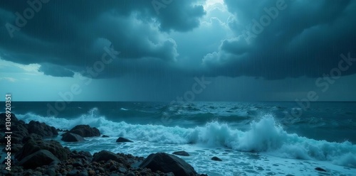 Immense, brooding storm clouds and heavy rain pummel the restless ocean , power of nature, waves, water