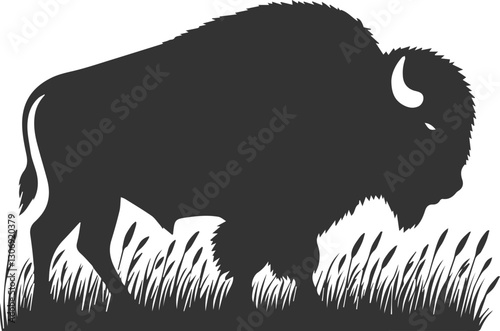 Buffalo walking through tall grass, barely visible animal vector silhouette