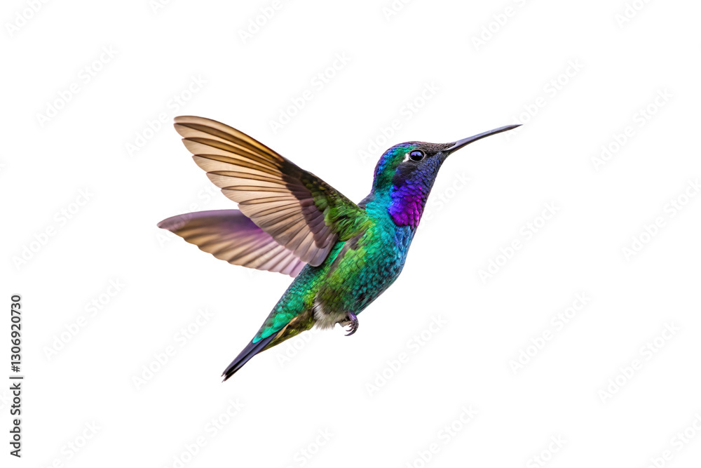 Fototapeta premium A dazzling hummingbird with shimmering blue, green, and purple feathers, captured mid-flight, its delicate wings frozen in time, radiating speed, isolated on a transparent background