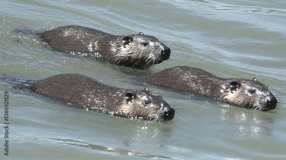 Obraz premium Three coypus swimming in a calm river, aquatic wildlife