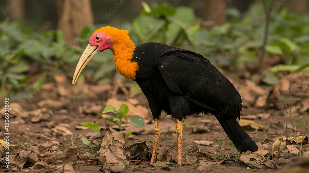 Fototapeta premium Orange-necked stork foraging in lush forest, leaf-litter ground, wildlife conservation