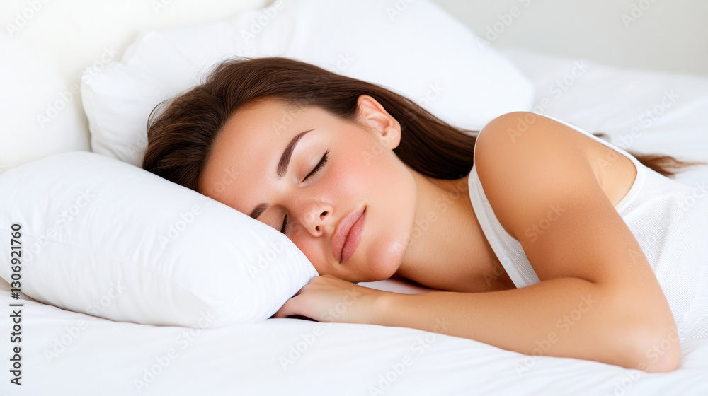 Peaceful restful sleep of a beautiful woman relaxing comfortably in a cozy bed, ideal for wellness, relaxation, and sleep themes Peaceful restful sleep of a beautiful woman relaxing comfortably in a cozy bed, ideal for wellness, relaxation, and sleep themes