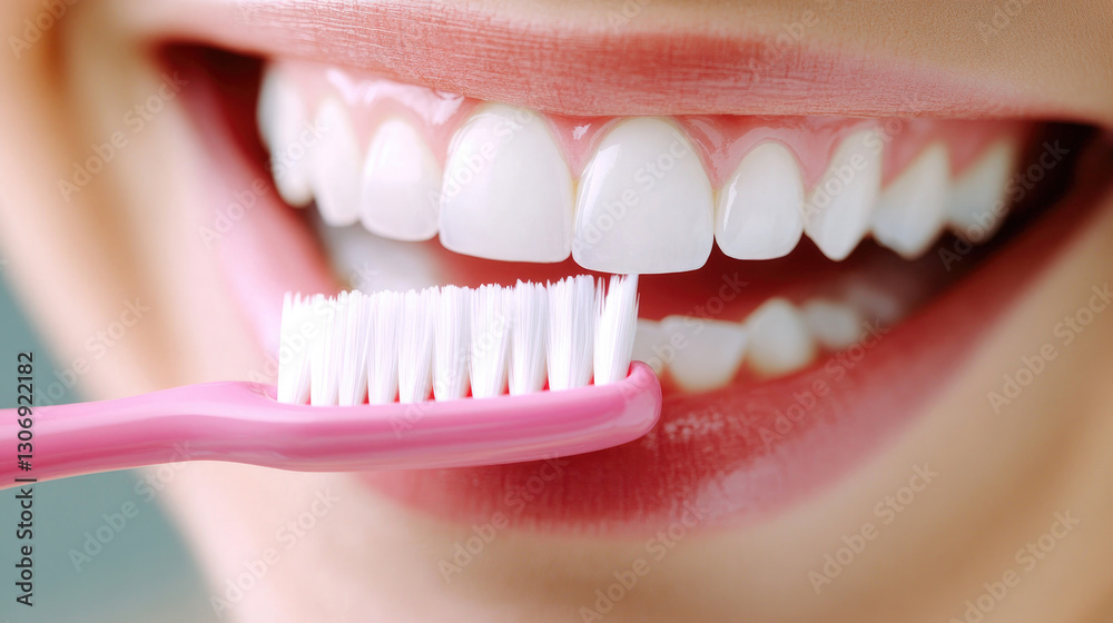 Fototapeta premium Healthy oral care routine concept featuring a smiling woman brushing teeth for dental health awareness and hygiene promotion
