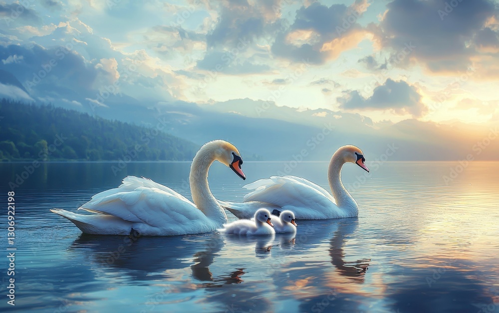 Fototapeta premium Family Of Swans Gliding Across A Peaceful Lake