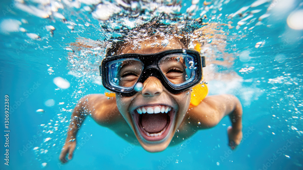 Fototapeta premium Joyful toddler learning to swim underwater in a blue pool for summer fun and water confidence