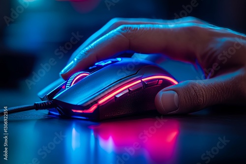 A hand is holding an illuminated computer mouse on a table