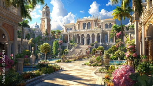 Grand European palace-style house with marble columns, a lavish garden, and elegant pathways. Open space for branding.