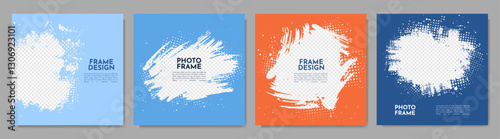 Vector illustration. Hand drawn abstract color frame set. Ink brush strokes mess with halftone dotted texture. Design for social media template, cover, photography overlay, web banner