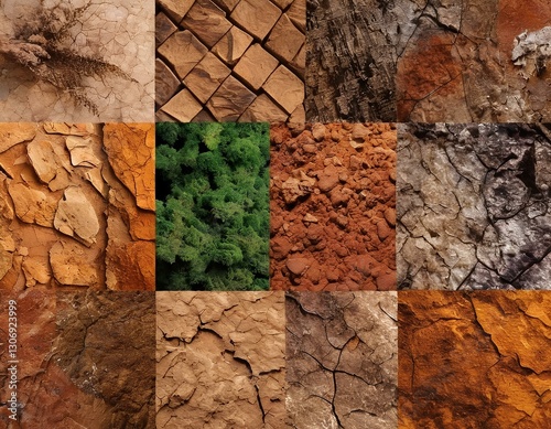 Natural Textures Collage: Earth, Stone, Wood, and Moss