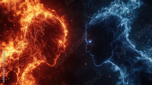 Fiery and Icy Entities Facing Off in a Dramatic Elemental Battle of Energy and Power