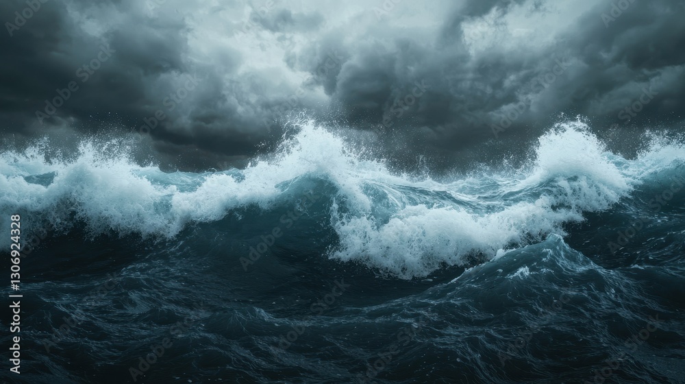 Obraz premium Dark and Stormy Ocean Waves Under Heavy Cloudy Sky with Powerful Energy of Nature Captured in Majestic Moment