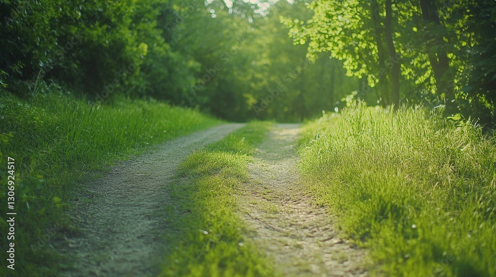 Fototapeta premium pathway through a lush green forest, sunlight filtering through the trees, tranquil and inviting,