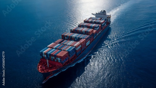 Aerial view of a massive container ship sailing through the open ocean, transporting goods worldwide