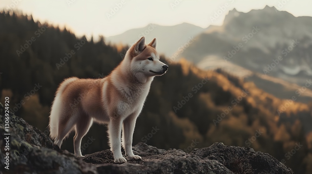 Obraz premium an Akita Inu standing on a mountain trail, gazing into the distance with its thick fur blowing in the wind