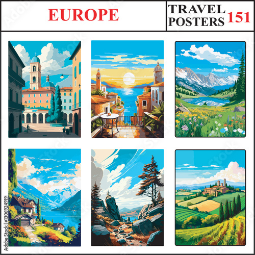 Europe Bologna Malaga Mercantour Travel Poster Wall Art Print Collection Set Part 151