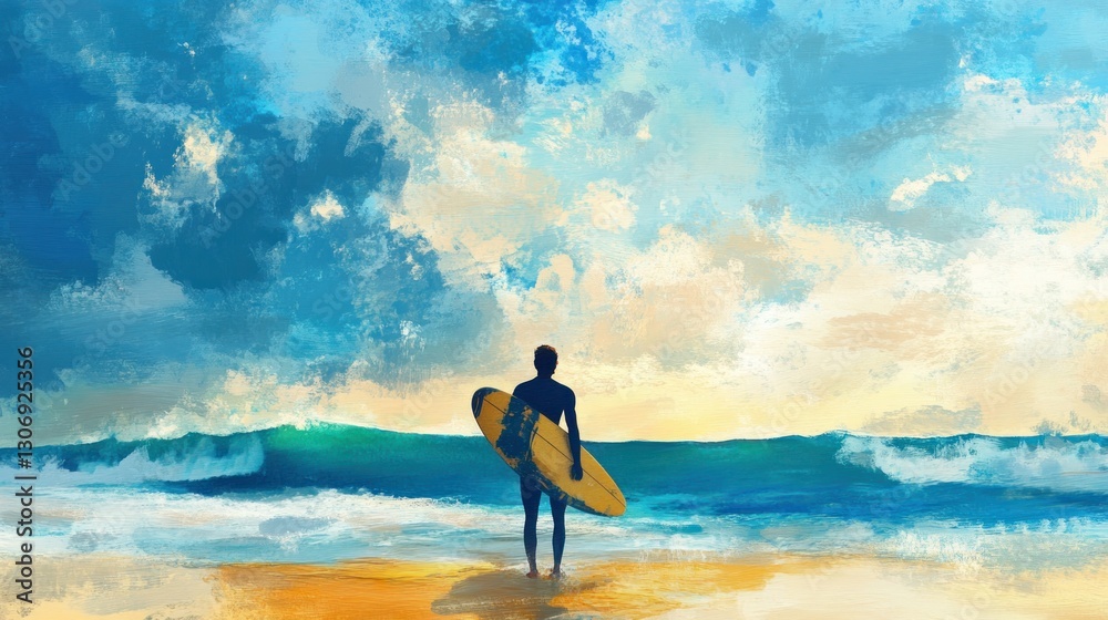Surfer at Dawn: A Serene Coastal Painting Surfer at Dawn: A Serene Coastal Painting
