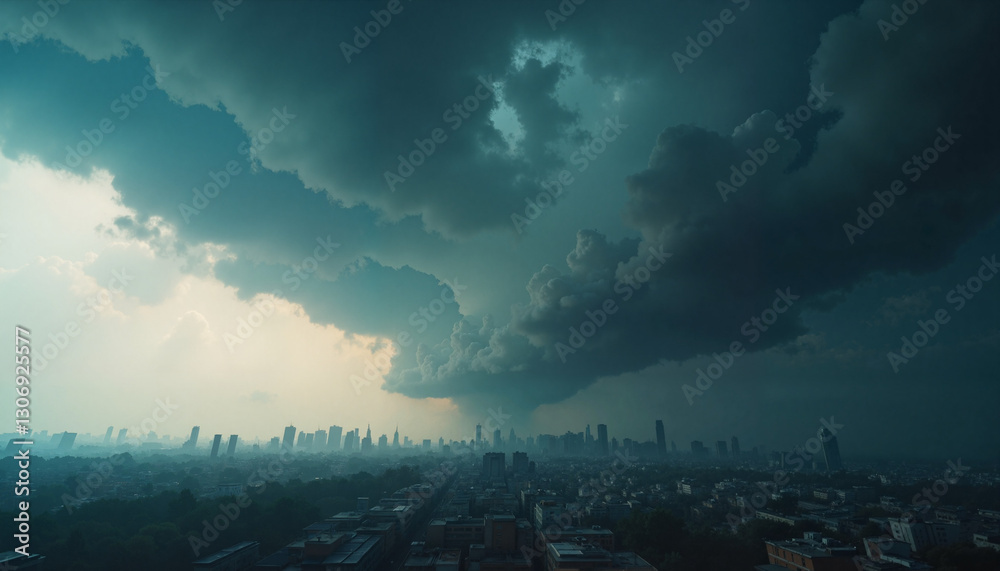 Stormy city skyline beneath dark thunderclouds, impending nature's force Stormy city skyline beneath dark thunderclouds, impending nature's force