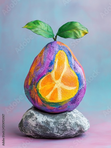 Surreal fruit on a rock, colorful painted pear with vibrant citrus detail photo