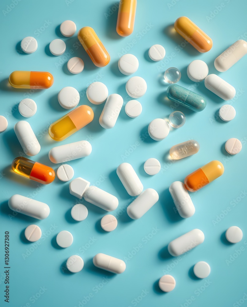 a variety of colorful pills and capsules scattered on a light blue surface, offering a sense of health and medication a variety of colorful pills and capsules scattered on a light blue surface, offering a sense of health and medication