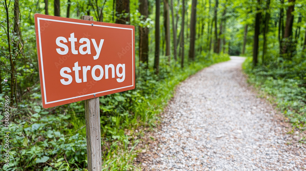 Stay strong motivational sign in lush forest with winding path. serene environment encourages resilience and positivity Stay strong motivational sign in lush forest with winding path. serene environment encourages resilience and positivity
