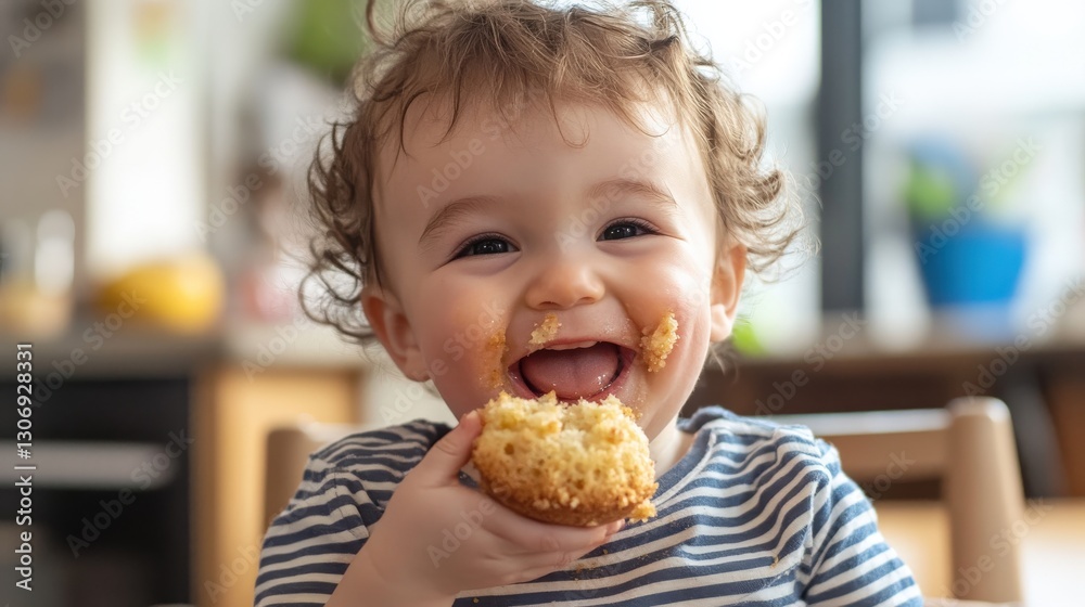 Happy baby eating muffin. Cute toddler smiles while holding tasty treat. Small child enjoys sweet snack with joyful expression on face. Clean background. Happy baby eating muffin. Cute toddler smiles while holding tasty treat. Small child enjoys sweet snack with joyful expression on face. Clean background.