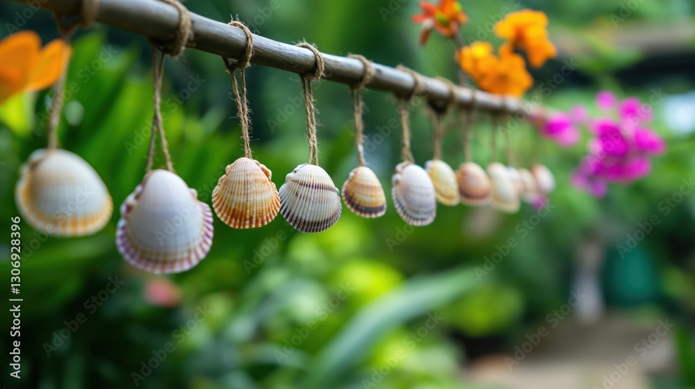Obraz premium Strands of decorative seashells dangle from a wooden rod, swaying gently amidst a lush garden filled with vibrant flowers and greenery.