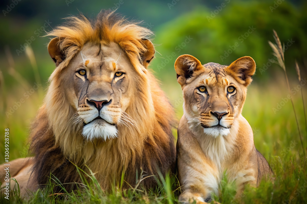 Fototapeta premium lion lioness on safari blur backdrop